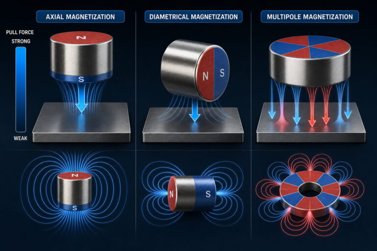 Direction de magnétisation et force d'attraction d'un aimant au néodyme