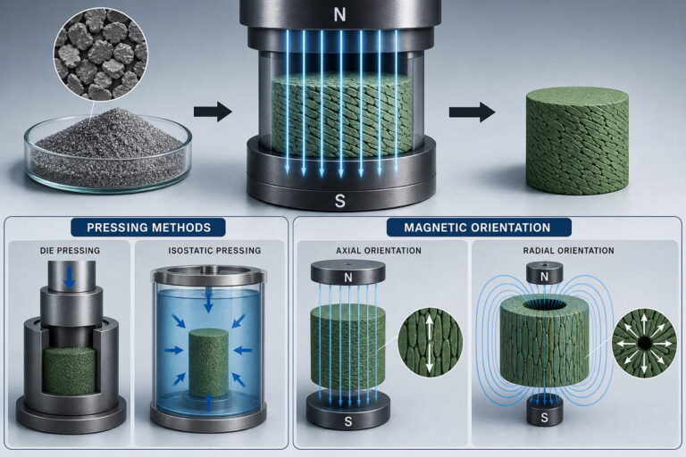 Méthodes de compression sous champ magnétique des aimants NdFeB frittés