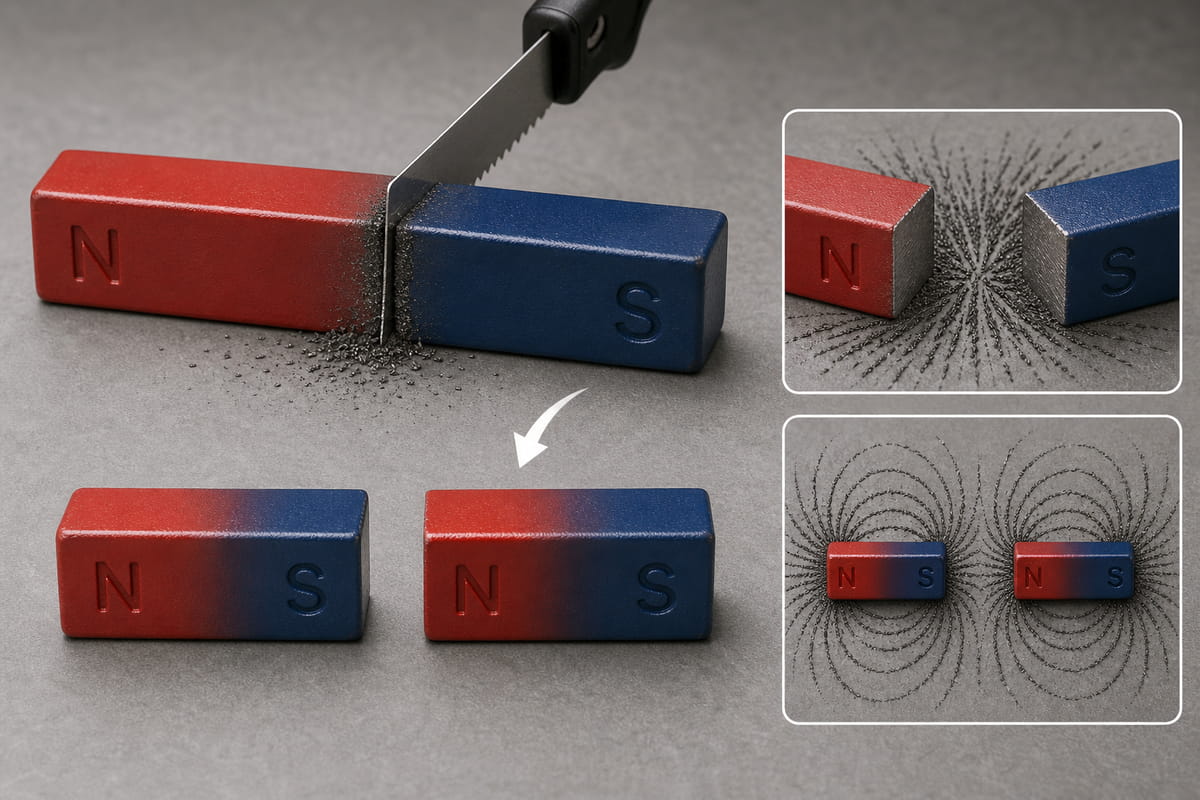 En coupant un aimant en barre en deux, chaque moitié devient un aimant plus petit doté à la fois d'un pôle nord et d'un pôle sud.