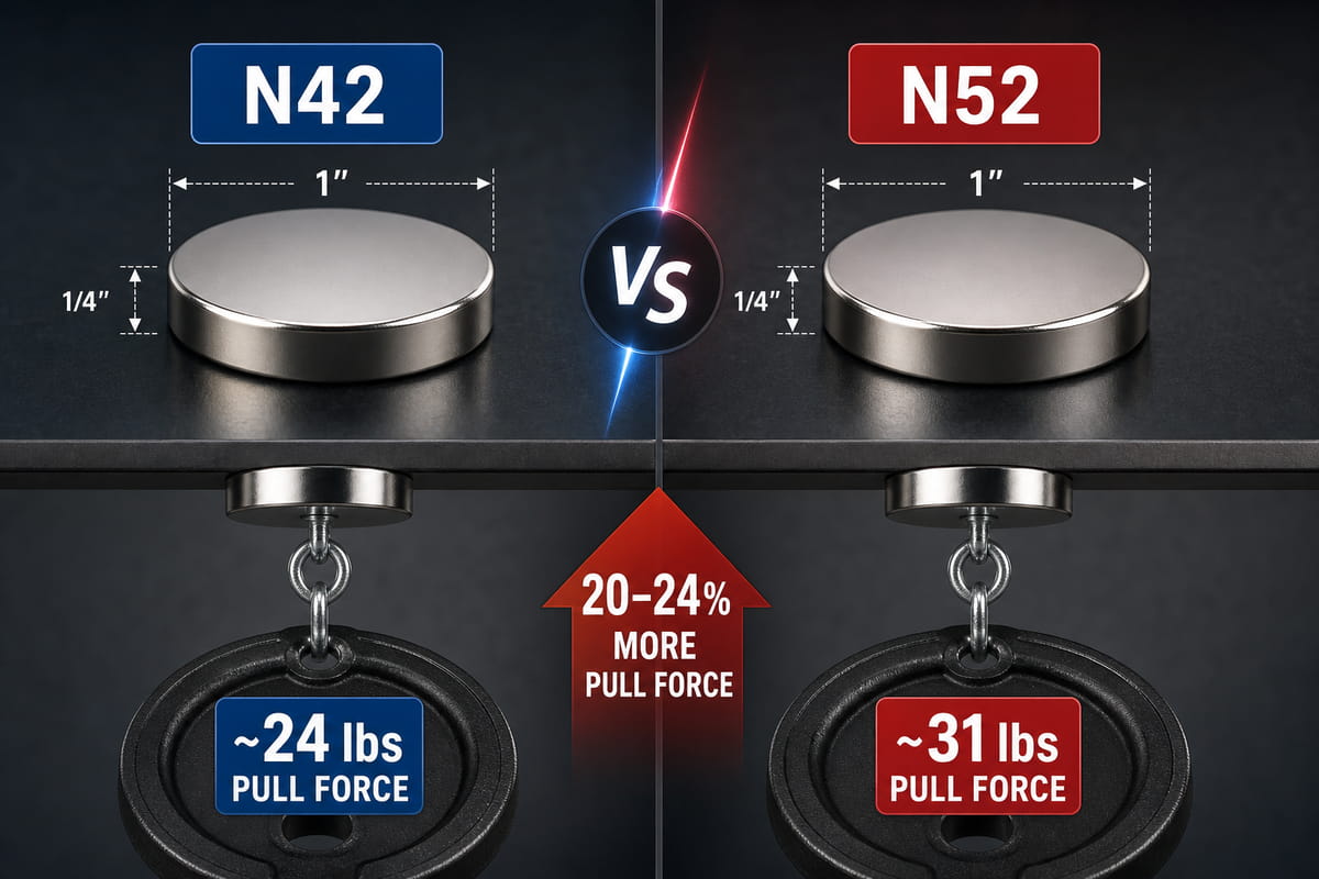 Un aimant N52 a une force d'attraction supérieure de 20 à 241 TP3T à celle d'un aimant N42.